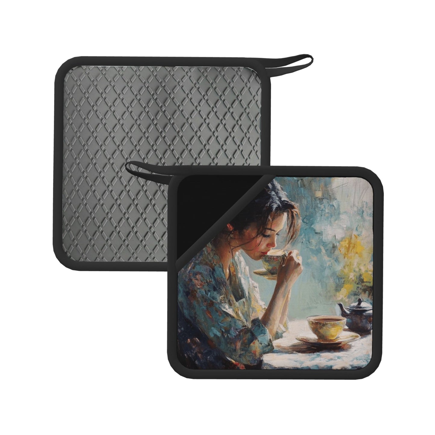 Set of 2 Square Silicone Heat-Resistant Mats 18×18cm – Artistic Oil Painting Woman Design