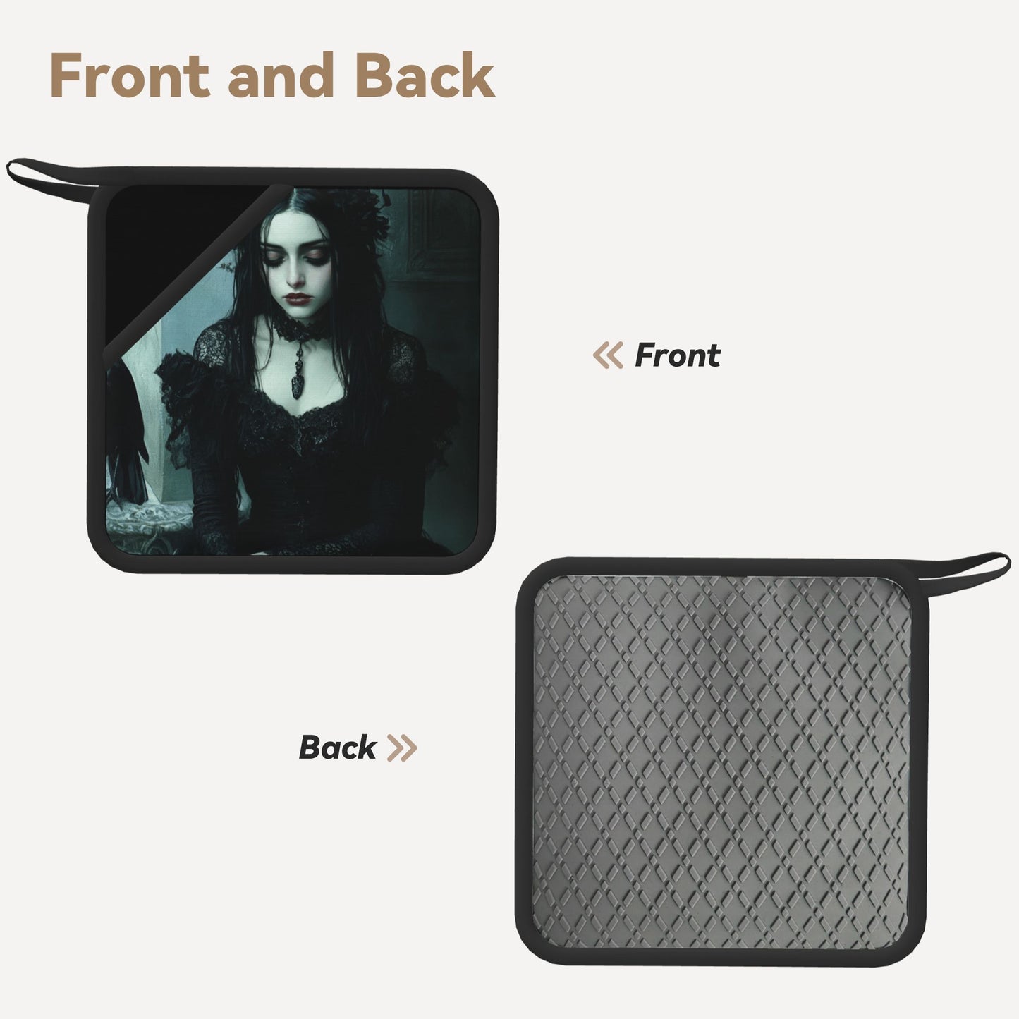 Set of 2 Square Silicone Heat-Resistant Mats 18×18cm – Gothic Art Style Woman Design