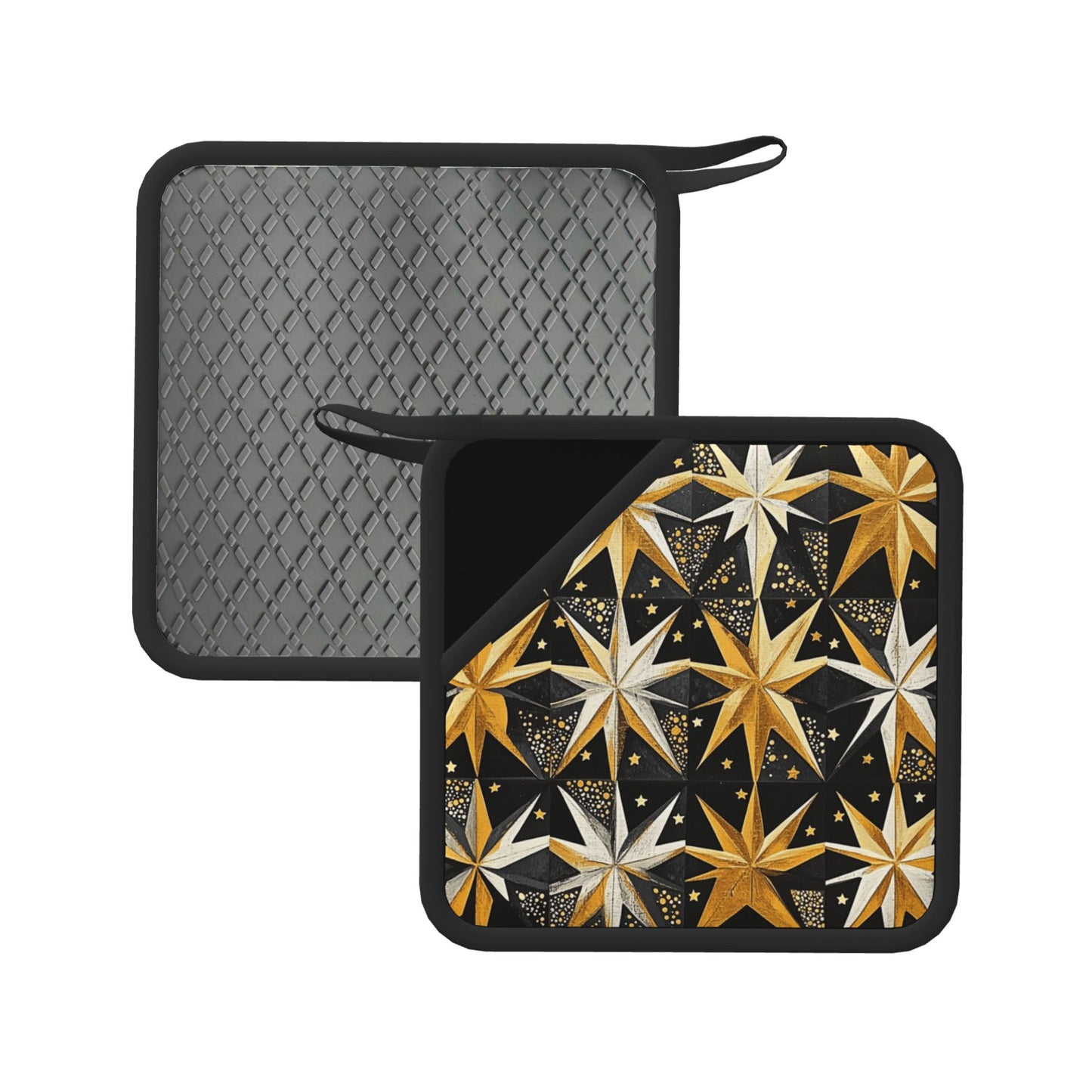 Set of 2 Square Silicone Heat-Resistant Mats 18×18cm – Gold & Silver Star Art Design Kitchen & Dining Pads