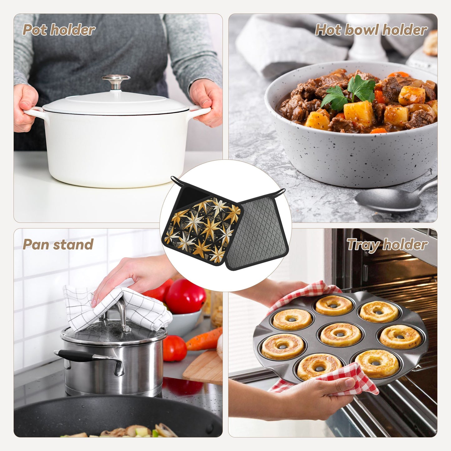 Set of 2 Square Silicone Heat-Resistant Mats 18×18cm – Gold & Silver Star Art Design Kitchen & Dining Pads