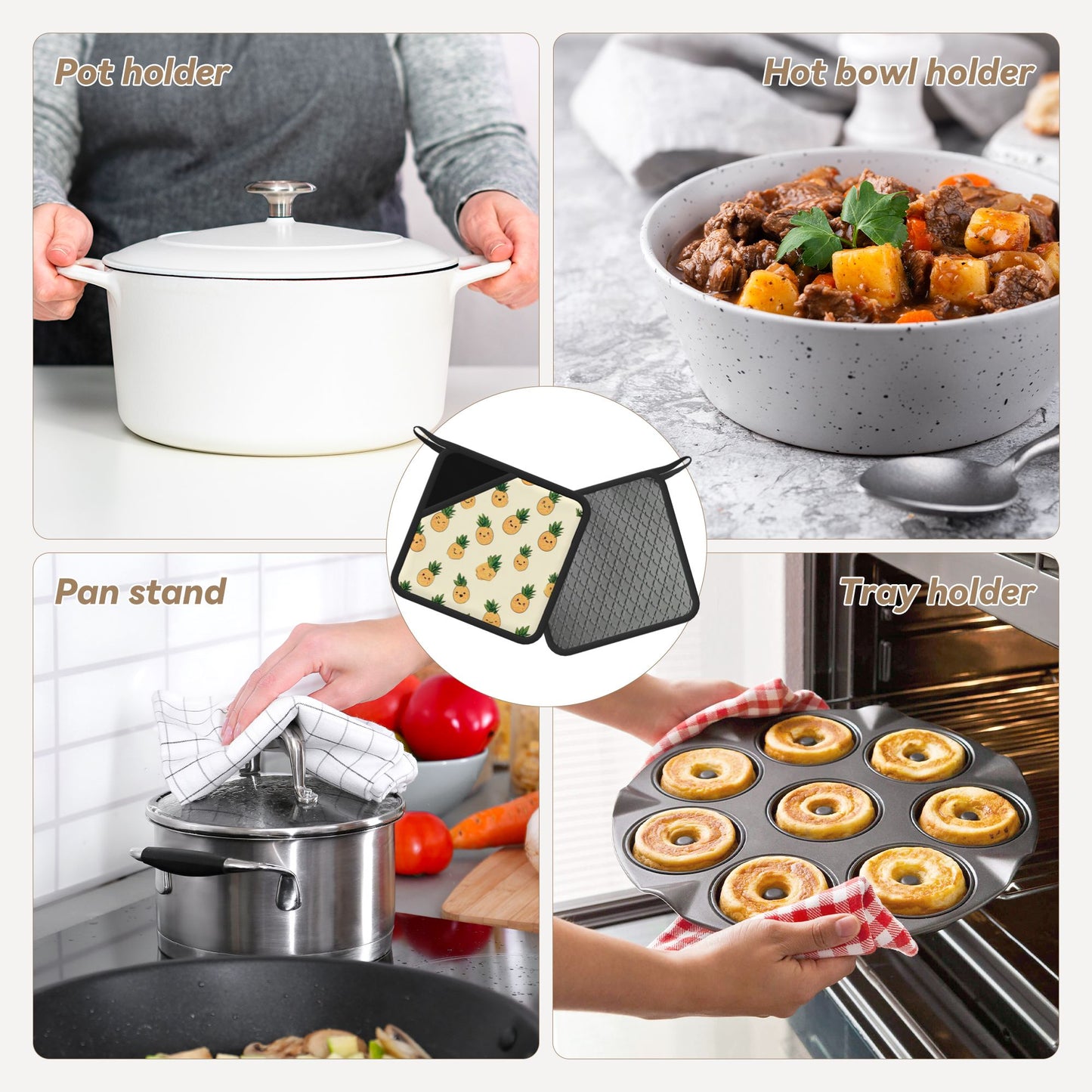Set of 2 Square Silicone Heat-Resistant Mats 18×18cm – Cute Pineapple Cartoon Design Kitchen Pads