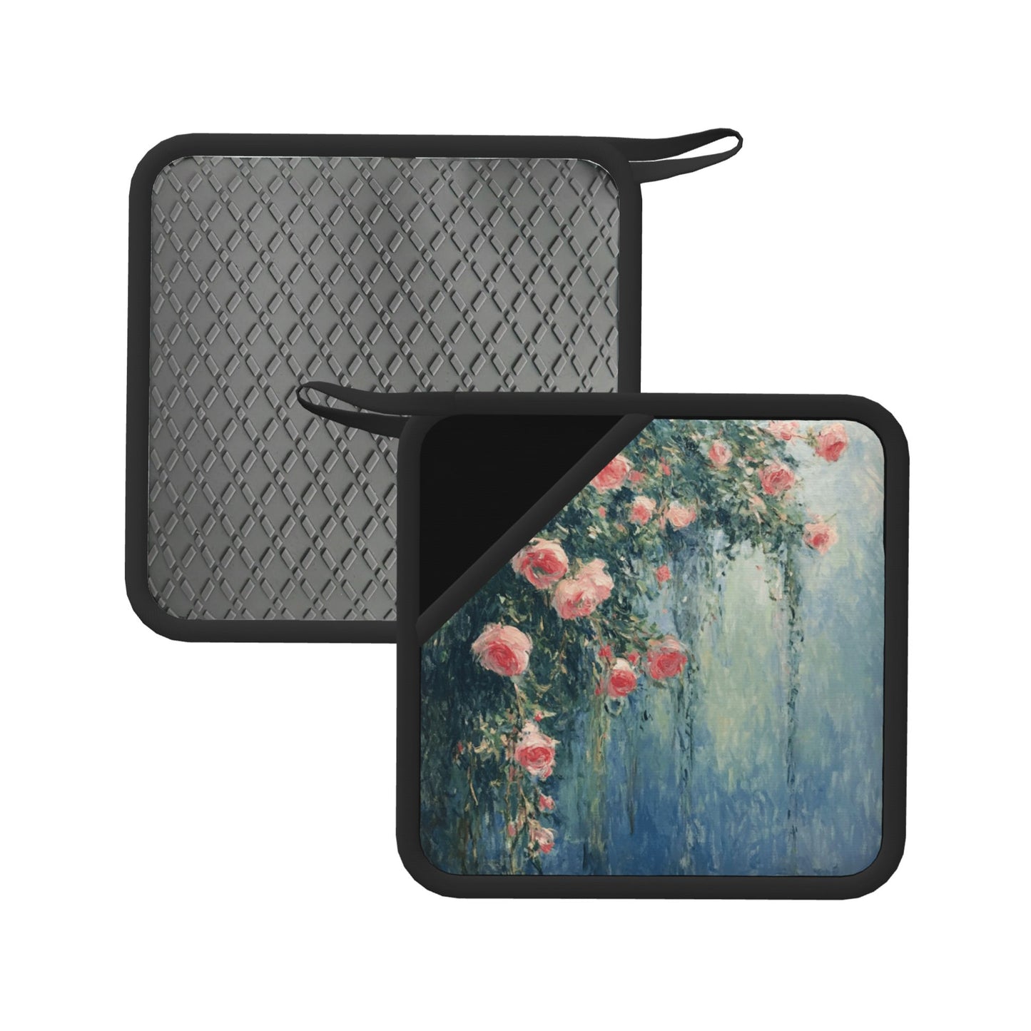 Set of 2 Square Silicone Heat-Resistant Mats 18×18cm – Oil Painting Floral Art Design Kitchen Pads