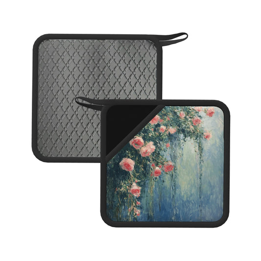 Set of 2 Square Silicone Heat-Resistant Mats 18×18cm – Oil Painting Floral Art Design Kitchen Pads