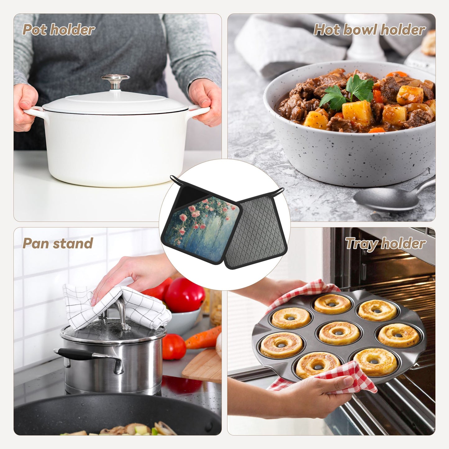 Set of 2 Square Silicone Heat-Resistant Mats 18×18cm – Oil Painting Floral Art Design Kitchen Pads