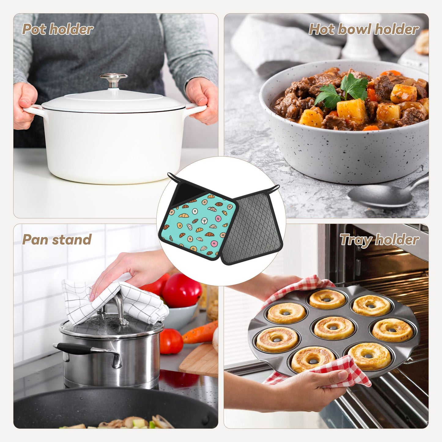 Set of 2 Square Silicone Heat-Resistant Mats 18×18cm – Cute Bakery Cartoon Design Kitchen Pads