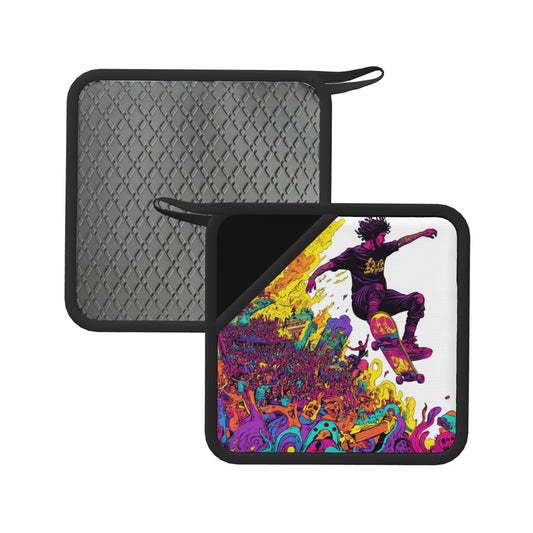 Set of 2 Square Silicone Heat-Resistant Mats 18×18cm – Skateboard Street Art Design Kitchen Pads
