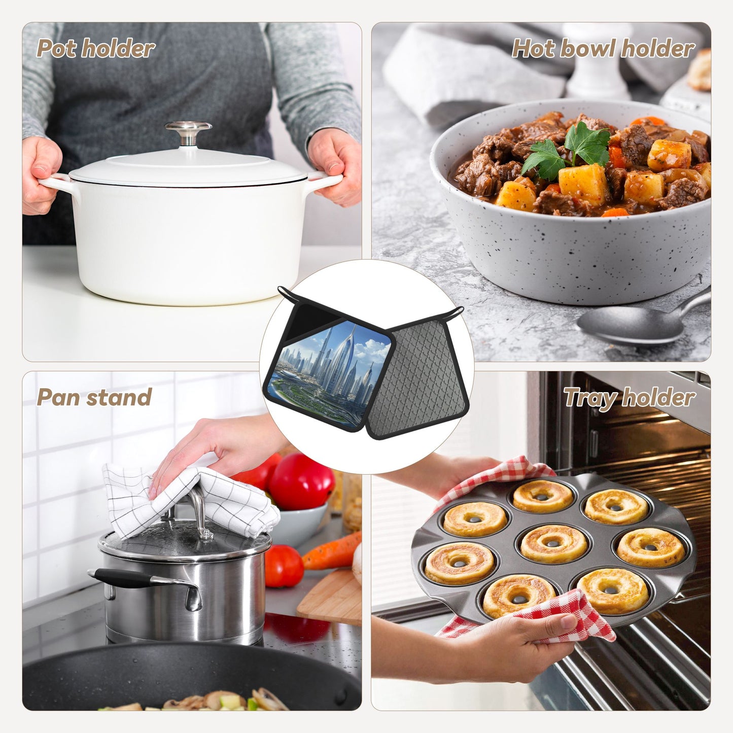 Set of 2 Square Silicone Heat-Resistant Mats 18×18cm – City Skyline Design Kitchen Pads